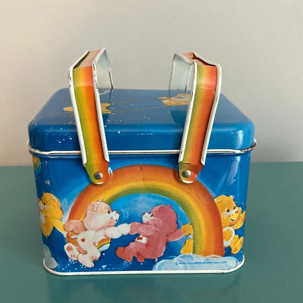 American Greetings Care Bears Vintage Collectible Metal Tin Basket w/Lid/Handles - Picture 2 of 15